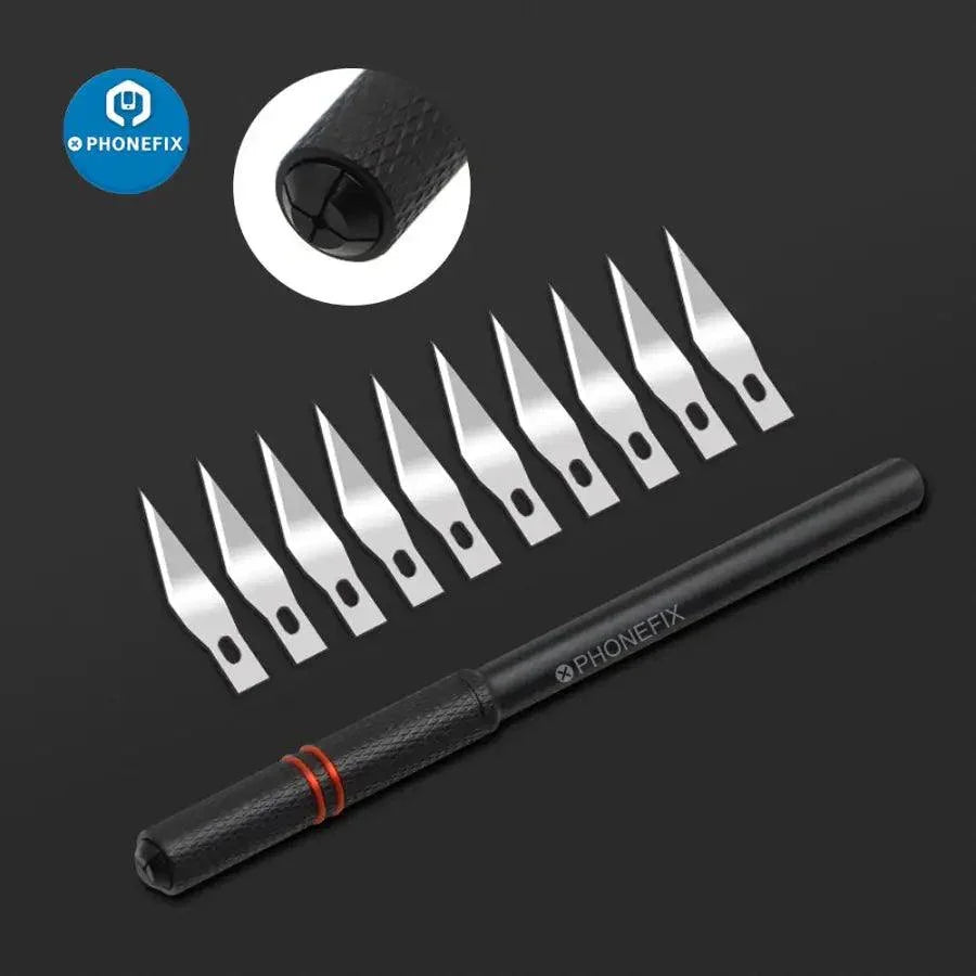 PhoneFix Face ID Dot Matrix Repair blade set with tweezers and knife tools for iPhone Face ID repair, featuring a handle and precision blades.