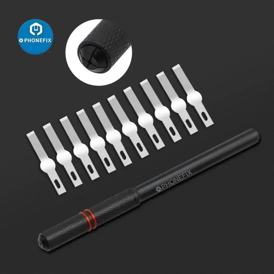 PhoneFix Face ID Dot Matrix Repair Blade Set with tweezers and knife tools for iPhone Face ID repair, including handle and specialized blades.