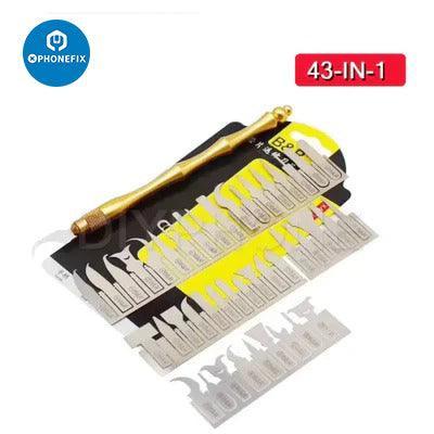 PhoneFIX 43-piece phone PCB BGA chip burin graver scraper cutter blade set with tweezers and knife tools, for electronics repair.