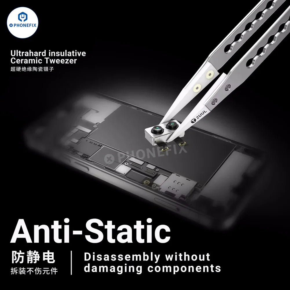PHONEFIX 2UUL TW31 ceramic tweezers for IC component disassembly, precision pickup tool for electronics repair.