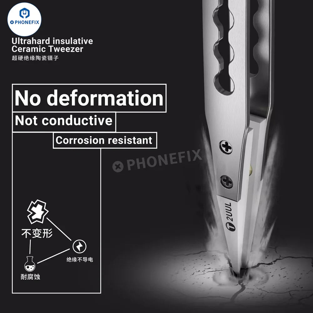 2UUL TW31 ceramic tweezers for IC component disassembly, PHONEFIX brand, precision tool for electronic repair and delicate pickup tasks.