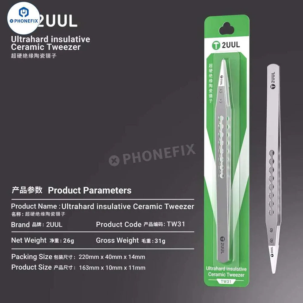PHONEFIX 2UUL TW31 ceramic tweezers for IC component disassembly, precision pickup tool for electronic repair.