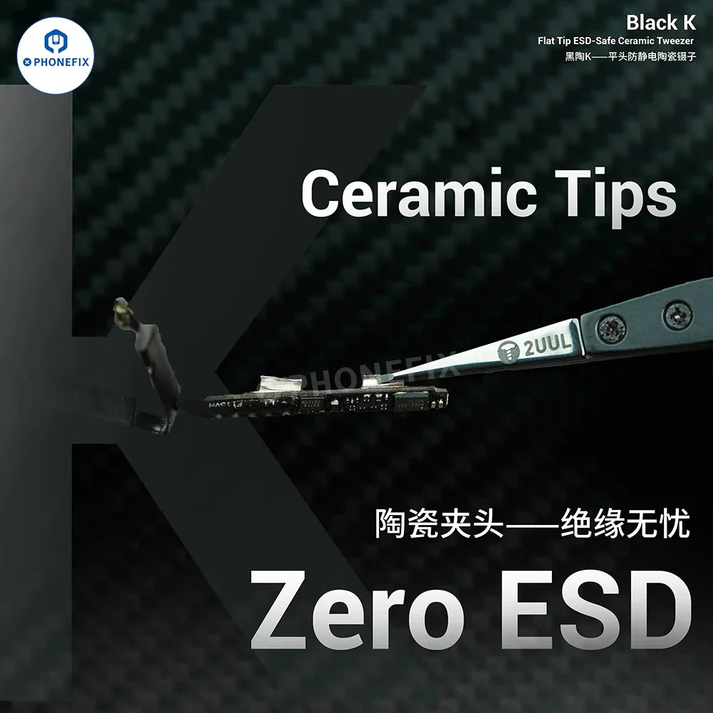 PhoneFix 2UUL TW31 ceramic tweezers for IC component disassembly, precision pickup tool for electronics repair.