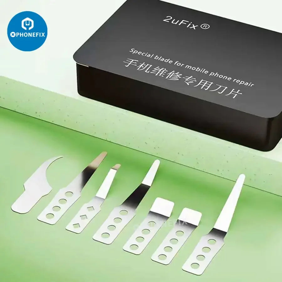 Juego de cuchillas curvas especiales PhoneFix 2uFix para la extracción de circuitos integrados y la reparación de teléfonos móviles, con pinzas de precisión y herramientas de corte en un kit profesional.
