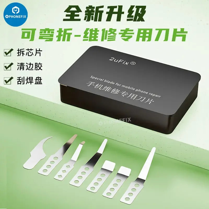 Juego especial de cuchillas curvas PHONEFIX 2uFix para la extracción de circuitos integrados, que incluye pinzas de precisión y herramientas tipo cuchilla para la reparación de teléfonos móviles.