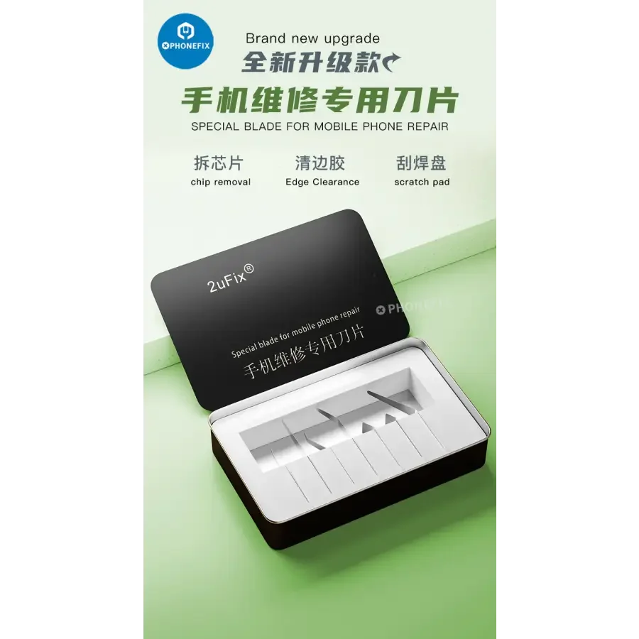 Juego especial de cuchillas curvas PHONEFIX 2uFix para la extracción de circuitos integrados, que incluye pinzas de precisión y cuchillas para la reparación de teléfonos móviles.