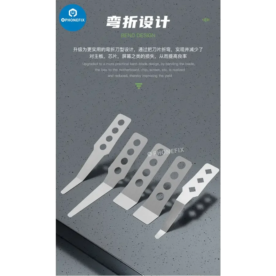 Juego especial de cuchillas curvas PHONEFIX 2uFix con pinzas y herramientas de cuchilla para la extracción de circuitos integrados en la reparación de teléfonos móviles, mostrado con las herramientas dispuestas.