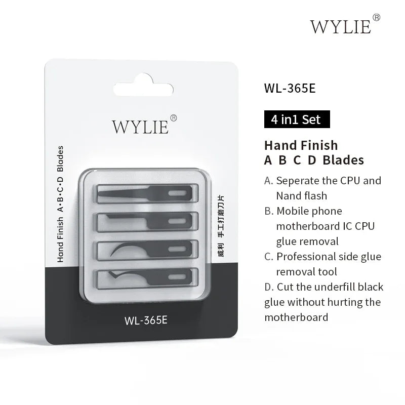 WYLIE Hand Finish Blades Glue Removal CPU IC Pry Knife Set with four precision tweezers and knives, ideal for electronics repair.