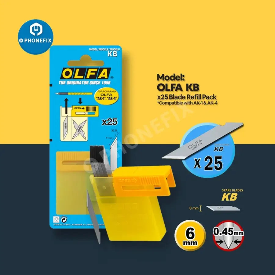OLFA AK-1 art knife cutter with 25 KB blades, shown with precision handle and blade storage, ideal for detailed craft cutting.