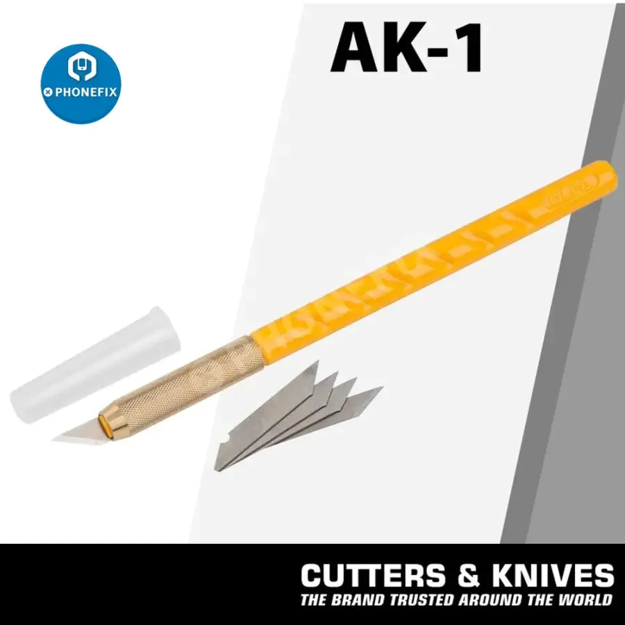 OLFA AK-1 Art Knife Cutter with 25 KB blades, precision craft tool for detailed cutting in phone repair and model making.