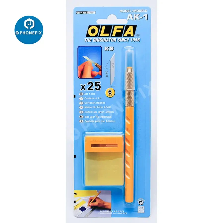 OLFA AK-1 Art Knife Cutter with 25 KB blades, precision craft tool for detailed cutting and trimming in art projects.