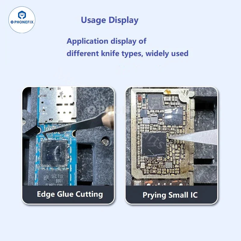 PHONEFIX Amaoe D Series Blade for mobile phone repair, includes tweezers and knife tools for removing glue and repairing screens.
