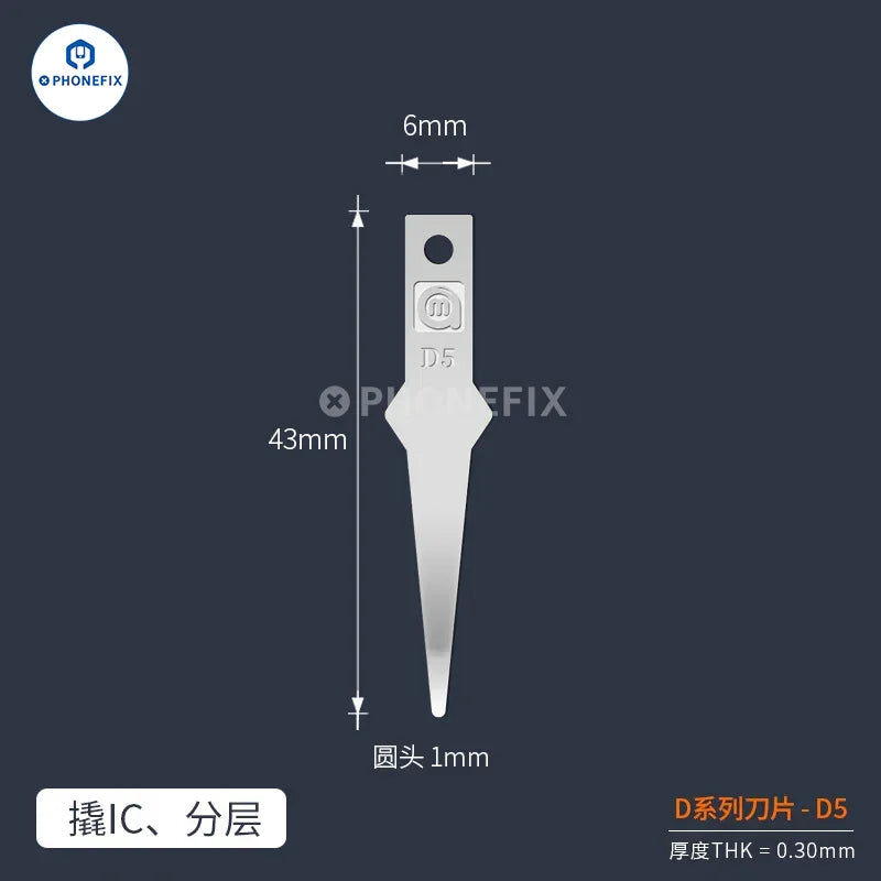 Phonefix Amaoe D Series Blade for mobile phone repair, featuring precision tweezers and knife tools for glue removal.