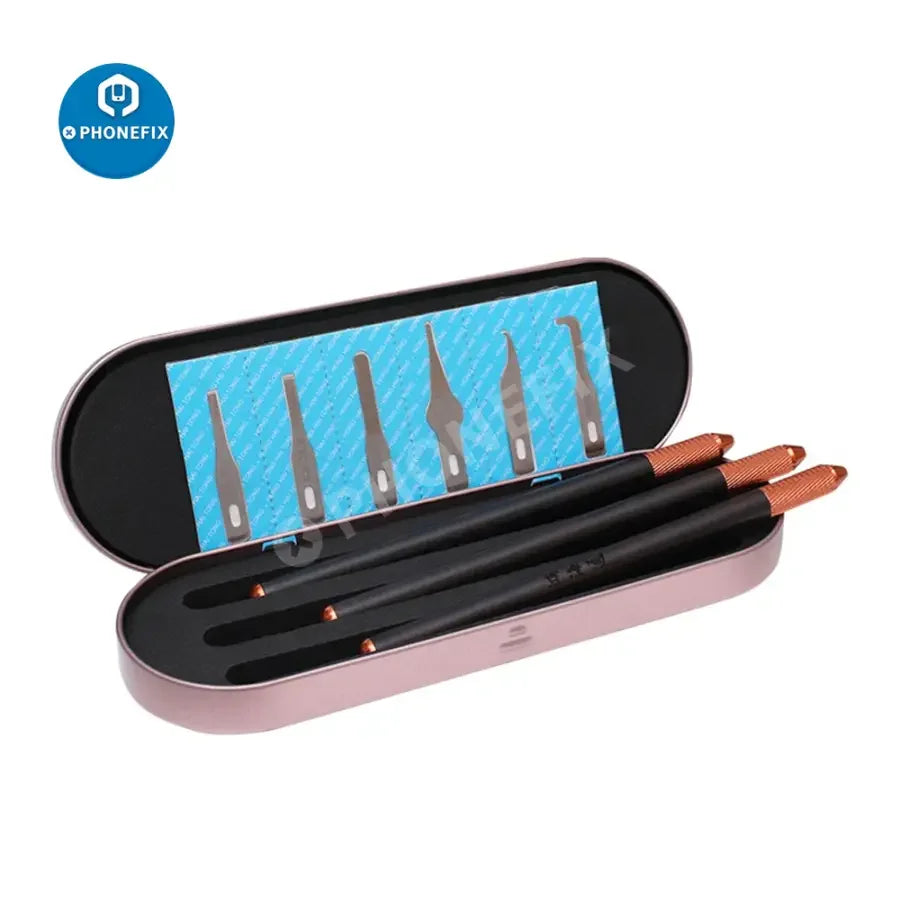 PHONEFIX Hong Hai Tong blade handle set with tweezers for phone CPU and IC glue removal, precision tool for electronics repair.