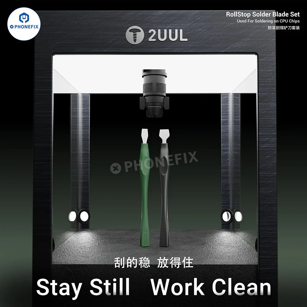 PHONEFIX 2UUL DA19 RollStop solder blade and tin scraper tool for phone CPU IC repair, featuring precision tweezers and knife tools.
