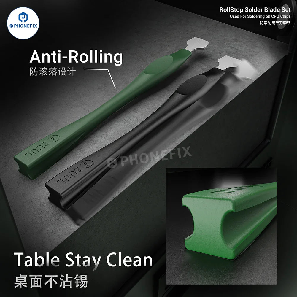 PHONEFIX 2UUL DA19 RollStop solder blade and tin scraper for phone CPU IC repair, featuring precision tweezers and knife tools.