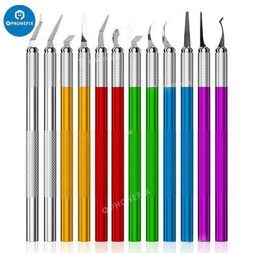 BST-76 PHONEFIX 12-in-1 phone repair pry knife set with blades for CPU glue removal and precision tweezers for electronics repair.