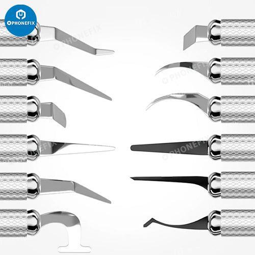PhoneFix BST-76 12-in-1 phone repair pry knife set with tweezers and blades for CPU glue removal and electronics repair.