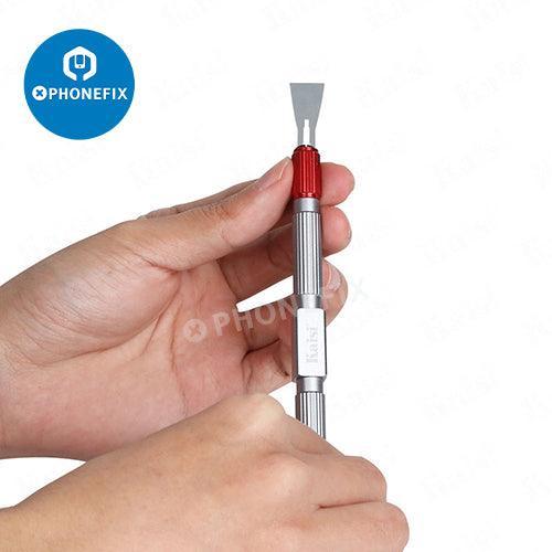 Kaisi 310 double-headed crowbar kit with pry knives and glue cleaning tools, PHONEFIX brand, for electronics repair and opening devices.