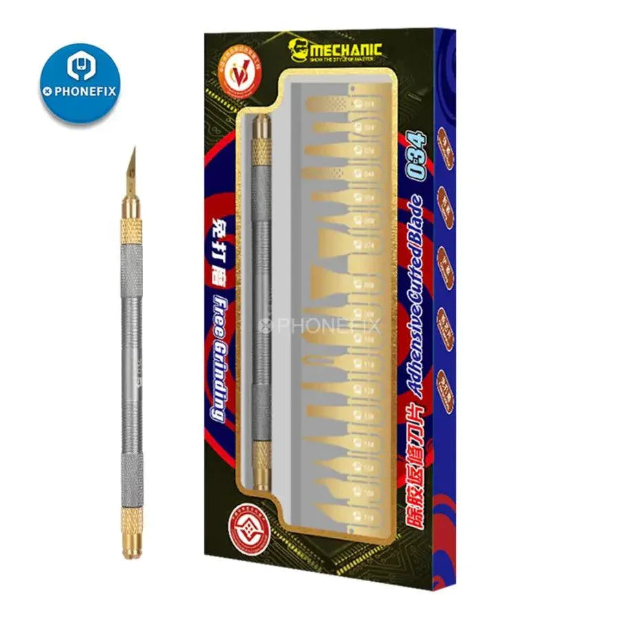 Ensemble de lames en acier PhoneFix Mechanic 034 pour le retrait de la colle des puces IC du processeur, comprenant des pinces de précision et des outils de couteau pour la réparation électronique.