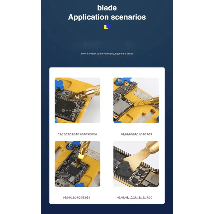Ensemble de lames en acier PhoneFix Mechanic 034 pour le retrait de puces IC CPU, comprenant des pinces de précision et des outils de couteau pour la réparation électronique.