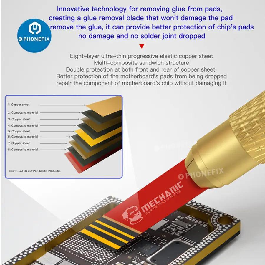 PhoneFix mechanic blade for CPU glue removal, precision motherboard repair tool with tweezers and clean blade for electronics.