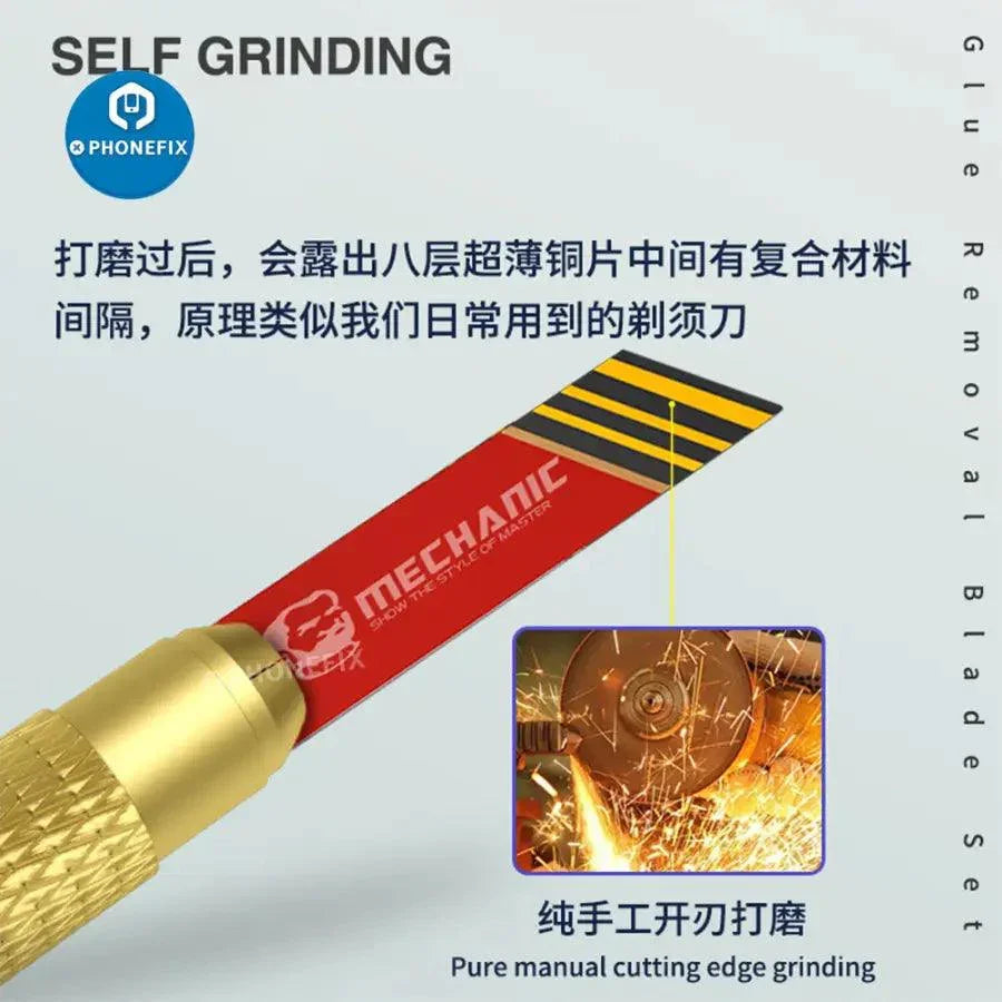 PhoneFix mechanic blade and CPU glue clean blade for motherboard repair, featuring precision tweezers and knife tools for electronics repair.