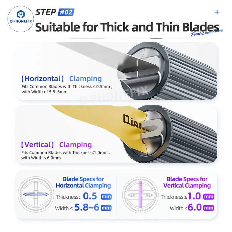 PhoneFix QianLi double-ended blade handle for phone repair, precision tweezers and knife tool with dot, line, and plane blades.