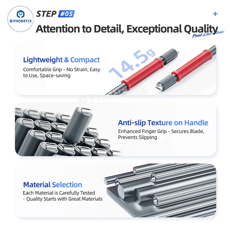 PHONEFIX QianLi double-ended blade handle for phone repair, precision tweezers and knife tool with dot, line, and plane blades.