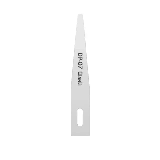 Qianli DP handmade polished knife blade for phone PCB glue removal, shown with precision tweezers and tool set from PHONEFIX.