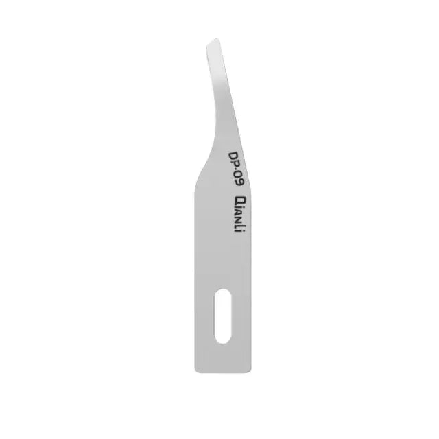 Qianli DP handmade polished knife blade for phone PCB glue removal, shown with precision tip in tweezers and knife tool set.