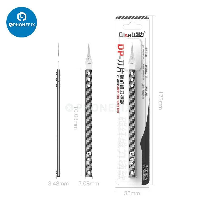 Qianli DP handmade polished knife blade for phone PCB glue removal, part of PHONEFIX tweezers and knife tools set.
