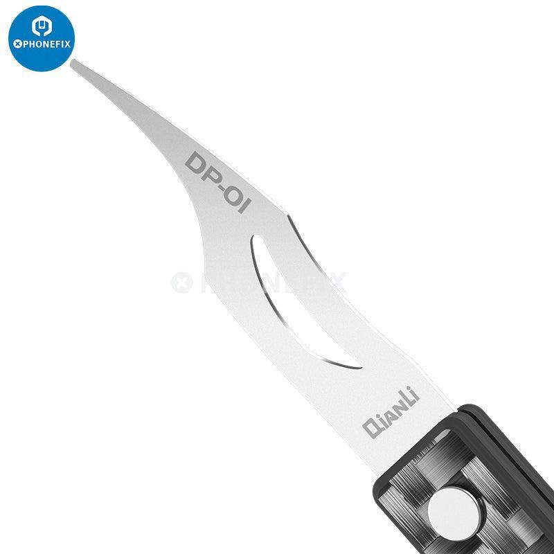 Qianli DP handmade polished knife blade for phone PCB glue removal, part of PHONEFIX tweezers and knife tools collection.