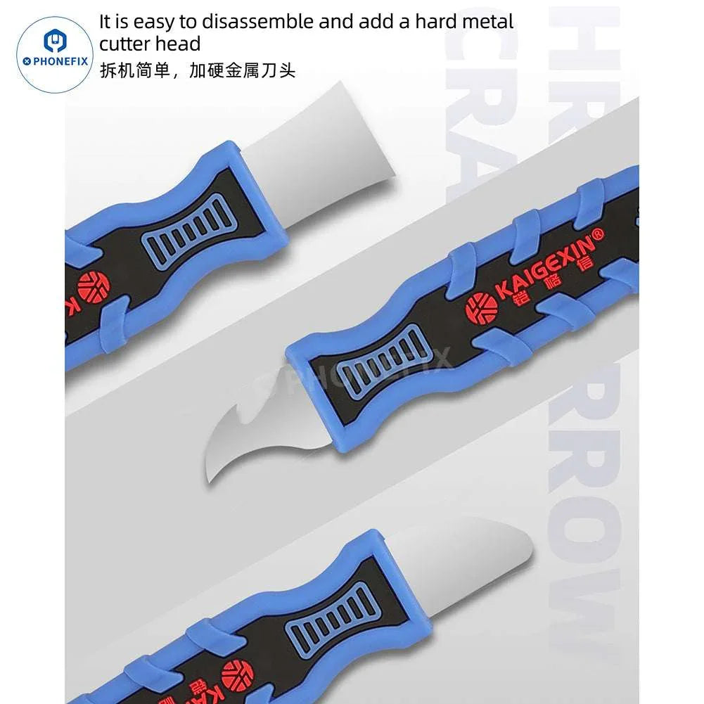 PHONEFIX KGX-3JK phone PCB repair tin scraper and shell opening knife with precision tips for glue removal and electronics repair.