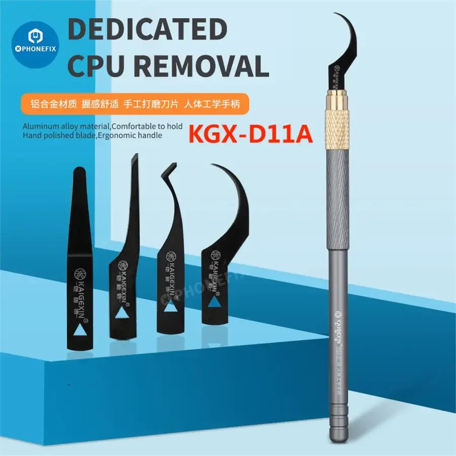 Kaigexin CPU glue removal blade kit with chip scraper and pry knife, designed for phone repair and electronic component removal.