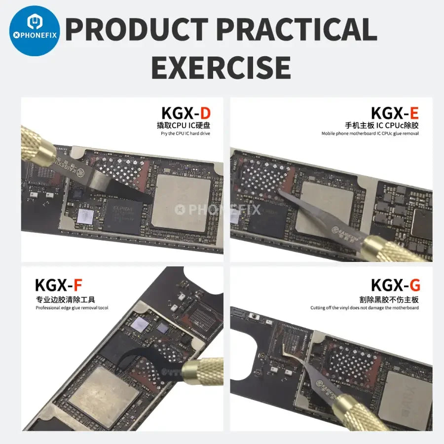 Kaigexin CPU glue removal blade kit with chip scraper and pry knife, designed for phone repair and electronic component removal.