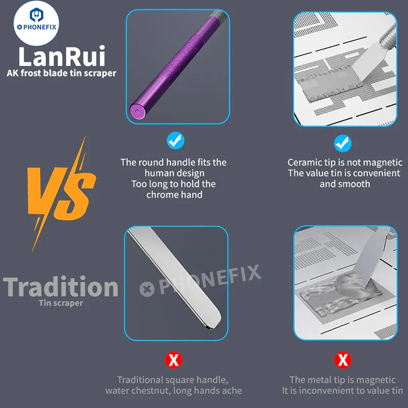 PhoneFix LanRui AK non-magnetic tin scraper for phone repair, solder paste blade, precision tweezers and knife tool for electronics.