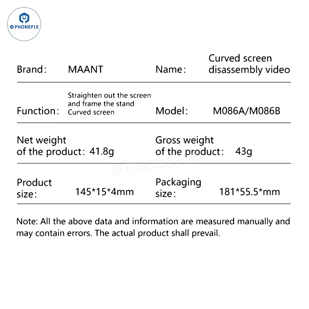 PHONEFIX MaAnt M086 curved screen disassembly blade and tweezers for mobile LCD repair, shown with precision tool tips.