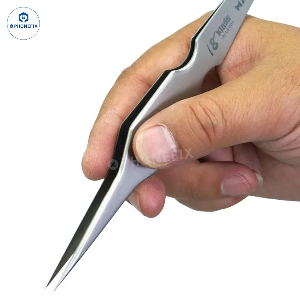 PHONEFIX 18 Kinds MA-01 tweezers with wide hand grip, precision tools for phone and laptop repair, including tweezers and knife tools.