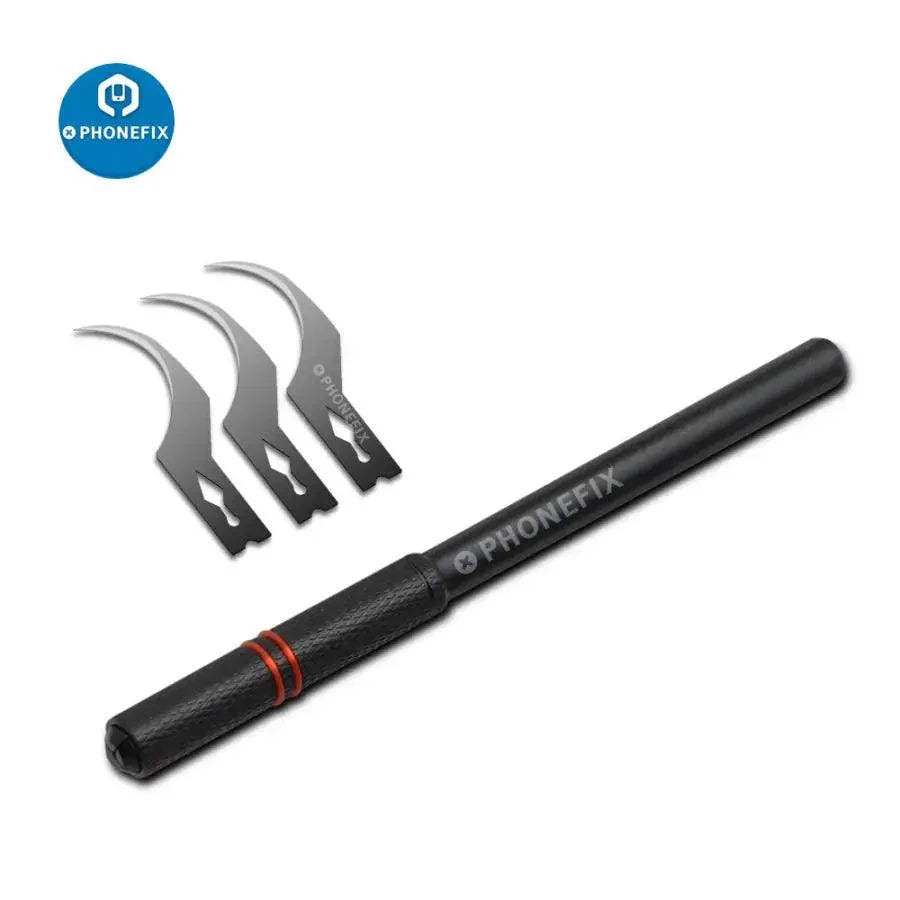 PhoneFix Mach Series handmade blades set with tweezers and knife tools for phone glue remover and CPU repair.