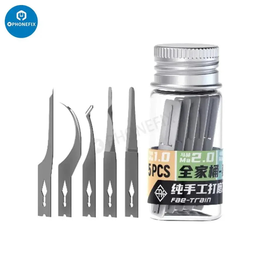 PhoneFix Mach Series blades for glue remover and CPU repair, three-piece set of tweezers and knife tools for electronic device maintenance.