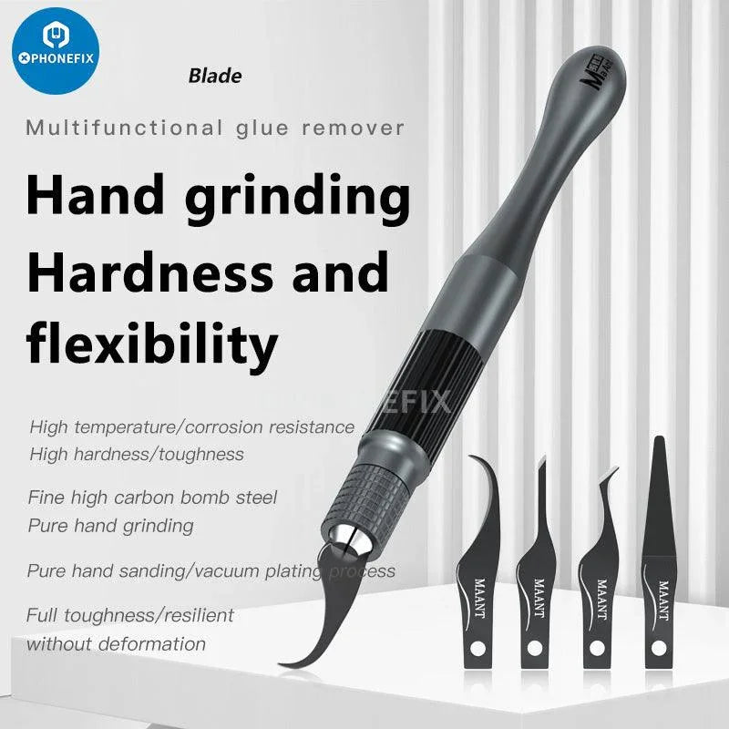 MaAnt 4-in-1 motherboard CPU IC glue removal knife set with tweezers and tools by PHONEFIX, used for electronics repair.