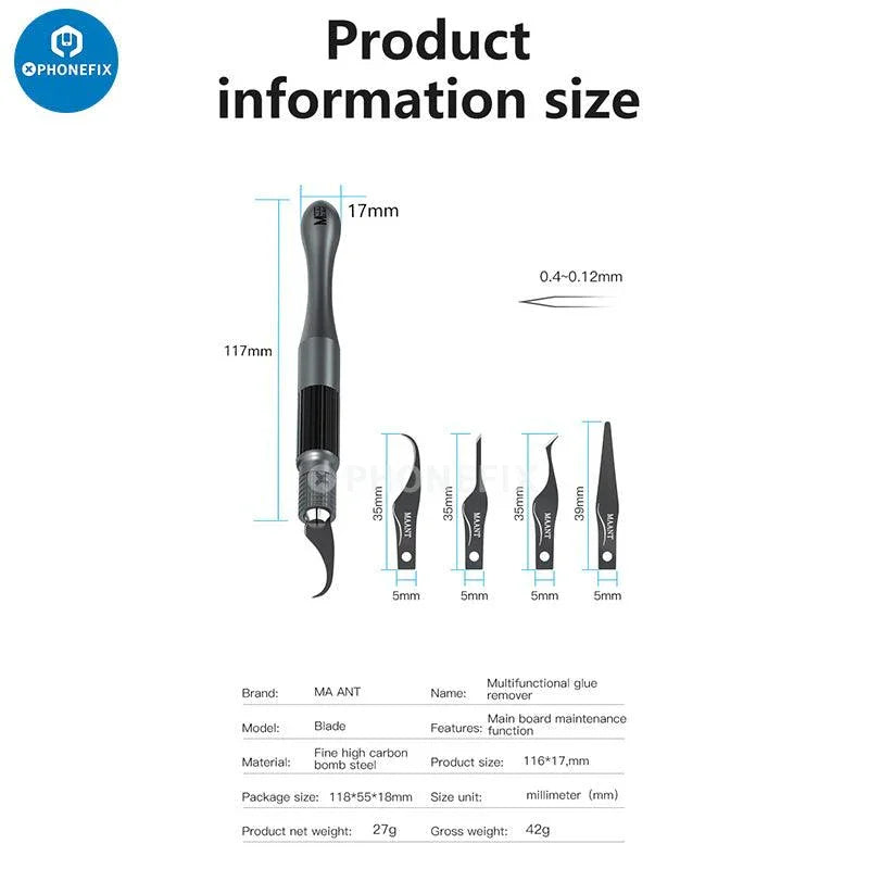 PhoneFix MaAnt 4-in-1 motherboard CPU IC glue removal knife set with tweezers and tools for electronics repair.