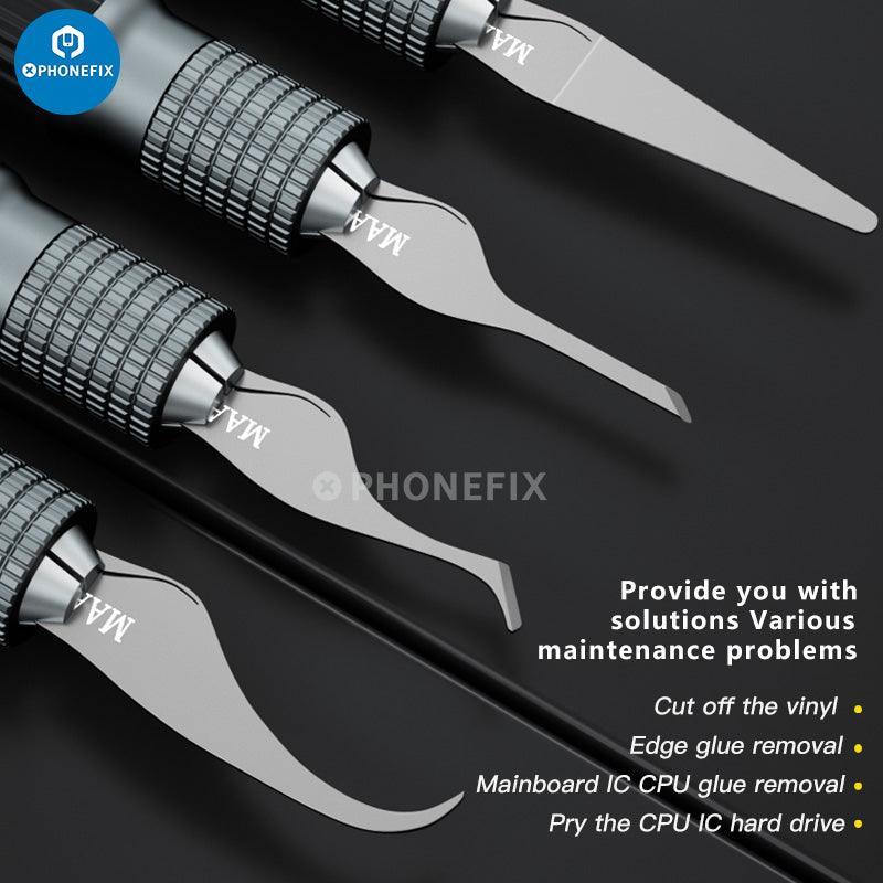 MaAnt 4-in-1 motherboard and CPU IC glue removal knife set with tweezers and tools for electronic repair.
