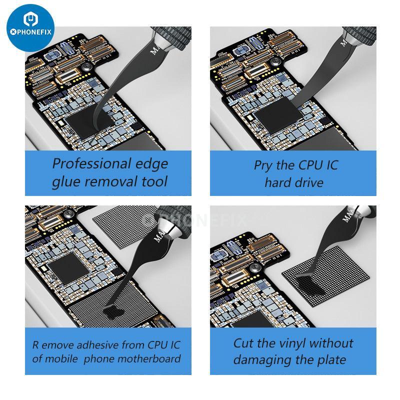 PhoneFix MaAnt 4-in-1 motherboard and CPU IC glue removal knife set with tweezers and tools for electronics repair.