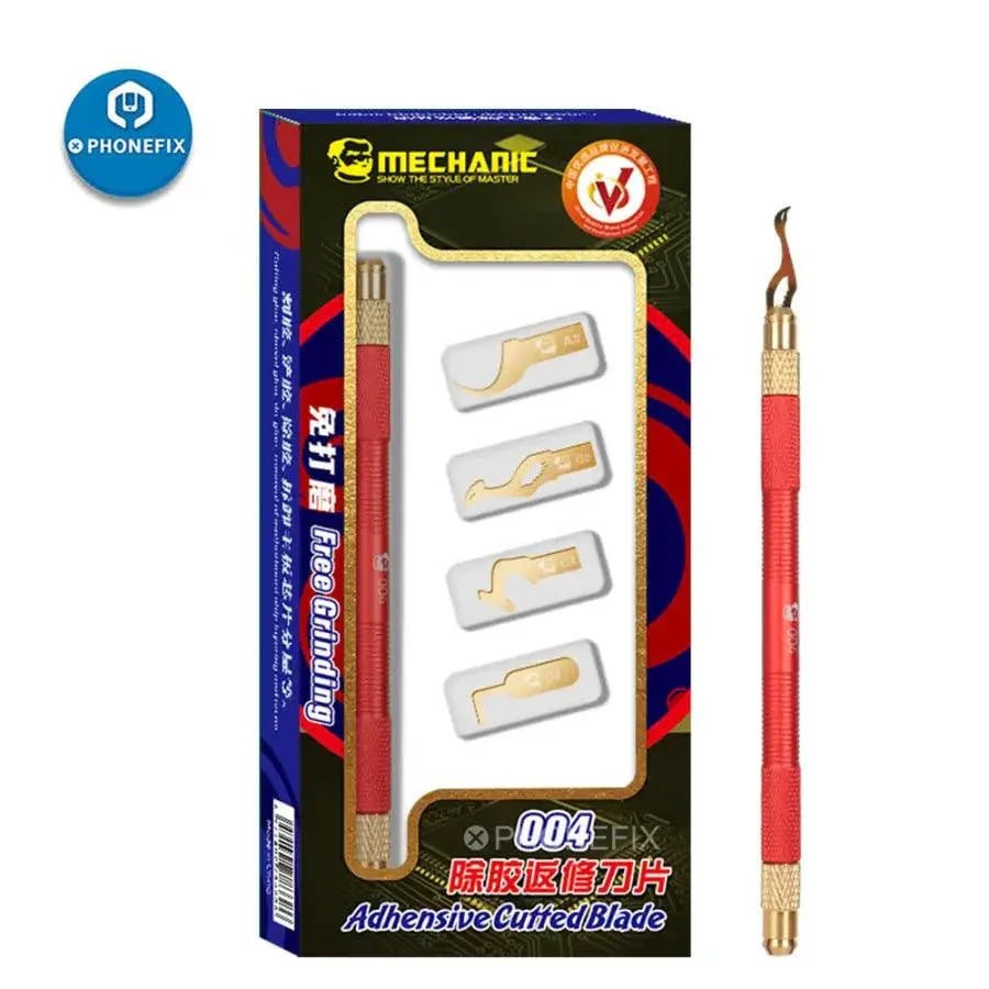 PHONEFIX Mechanic 004 Glue Remover Cutting Blades Set with tweezers and knives for phone PCB and IC chip repair.