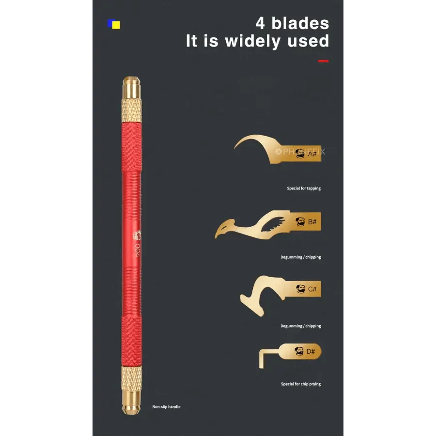 PhoneFix Mechanic 004 glue remover and cutting blades set for phone PCB IC chips, includes tweezers and precision knife tools.