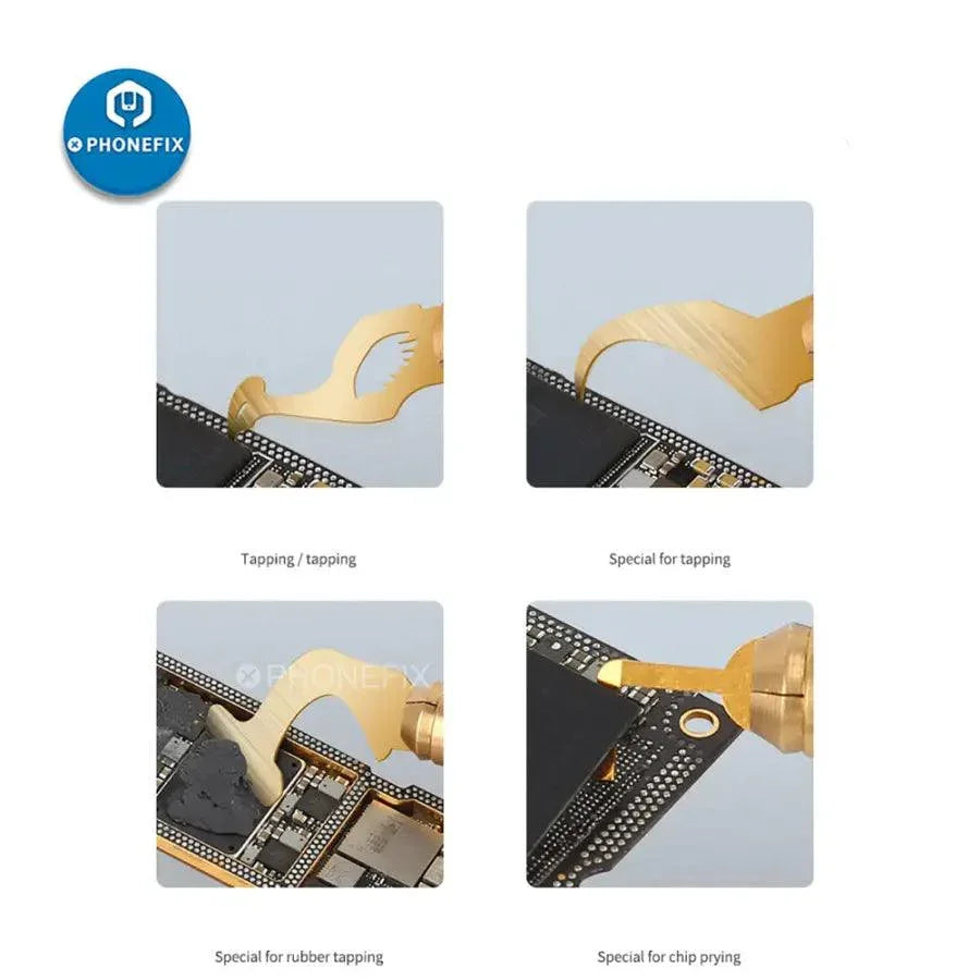 PhoneFix Mechanic 004 glue remover and cutting blades set for phone PCB IC chips, featuring tweezers and knife tools.