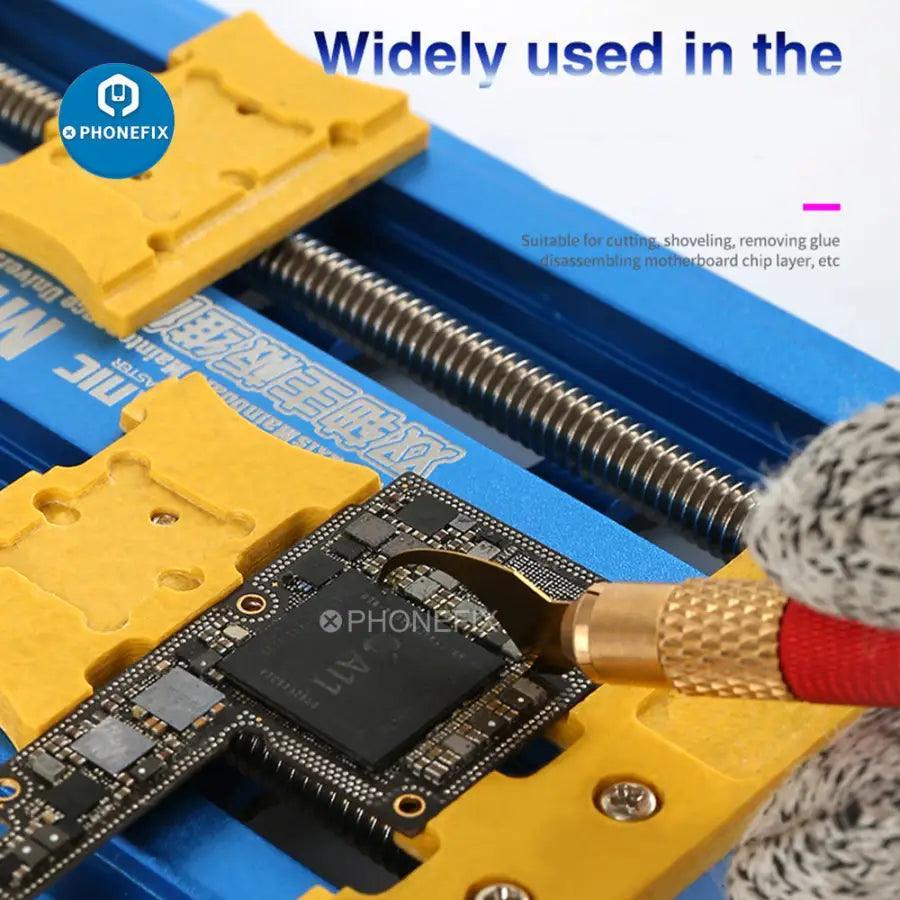 PHONEFIX Mechanic 004 glue remover and cutting blades set for phone PCB IC chips, includes tweezers and knife tools for precise electronic repairs.