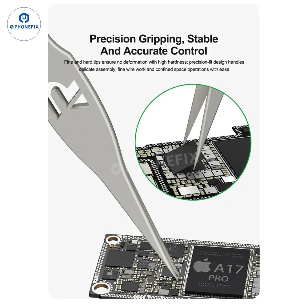 PHONEFIX wide body grip tweezers with ultra-fine pointed tips for mobile phone repair, ideal for precise handling and component placement.